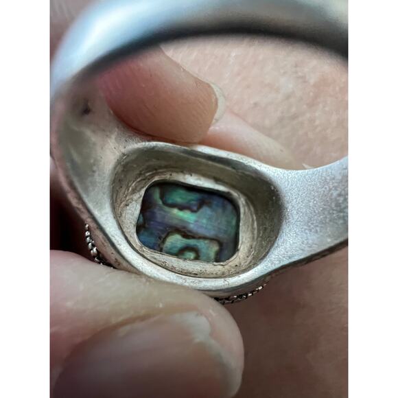 Signed LC Green Faceted Stone Ring Size 7 Boho Statement Tribal Style Abalone - Picture 4 of 12
